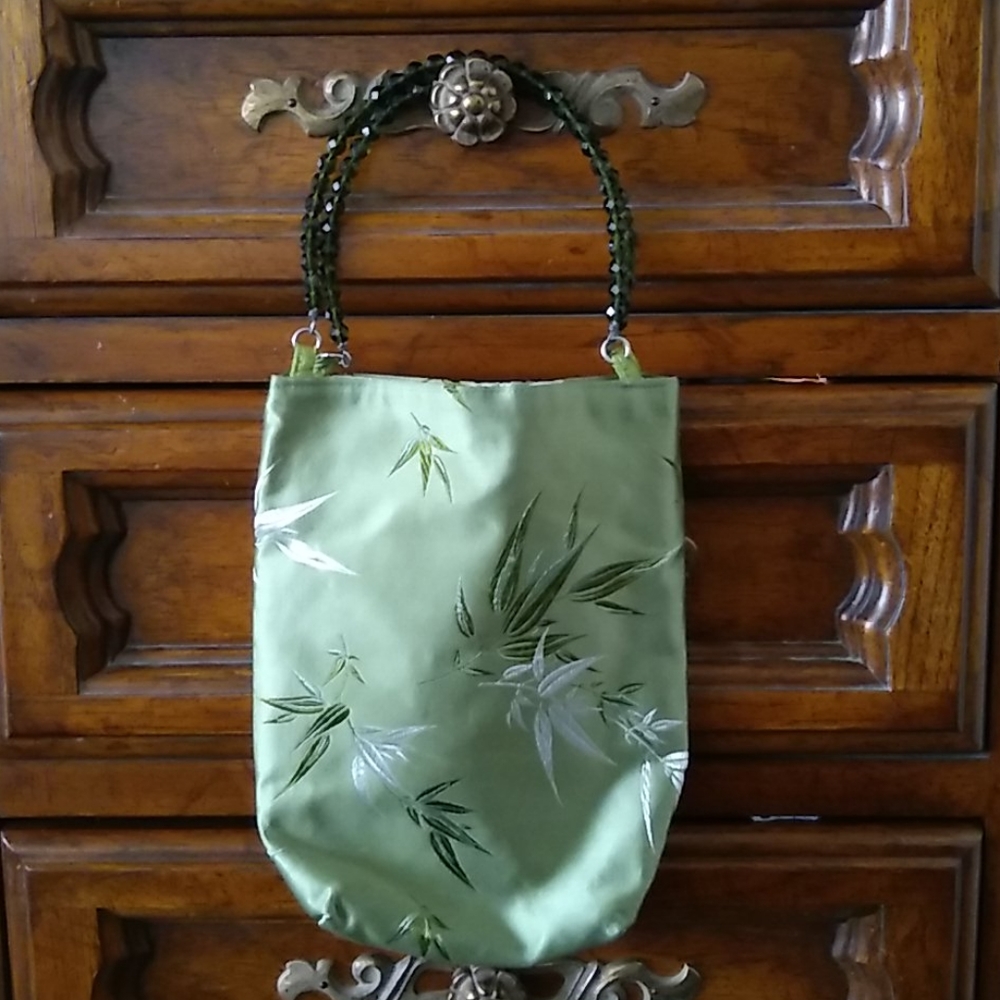 DAS Vintage Green Silk Brocade Beaded Handle Purse